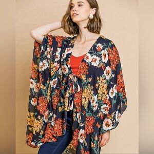 Umgee Navy Red Boho Floral Kimono Duster Flowy Chiffon Tie Front Coastal Cowgirl